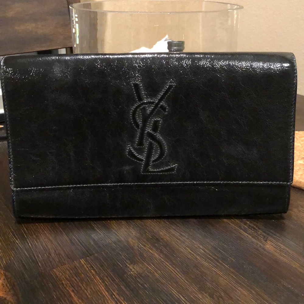 YSL black patent leather clutch